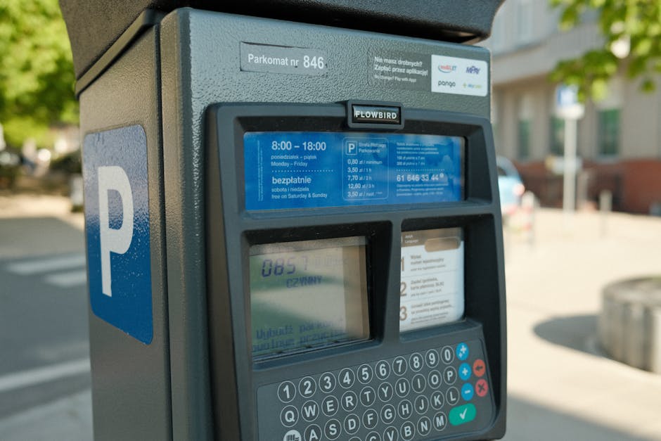 Close-up of a parking meter at Ravenstone Park showing a digital display with parking fee details and operational hours for Monday to Friday, alongside pricing information and contact details. The meter is mounted on a concrete stand, with a large blue 'P' sign indicating parking. In the background, blurred trees and residential buildings are visible, suggesting an outdoor urban environment. The parking meter is part of a home relocation or moving logistics scene, relevant to house removals services provided by manwithavanravenscourtpark.co.uk, emphasizing parking considerations during furniture transport and packing and moving processes in a residential area.