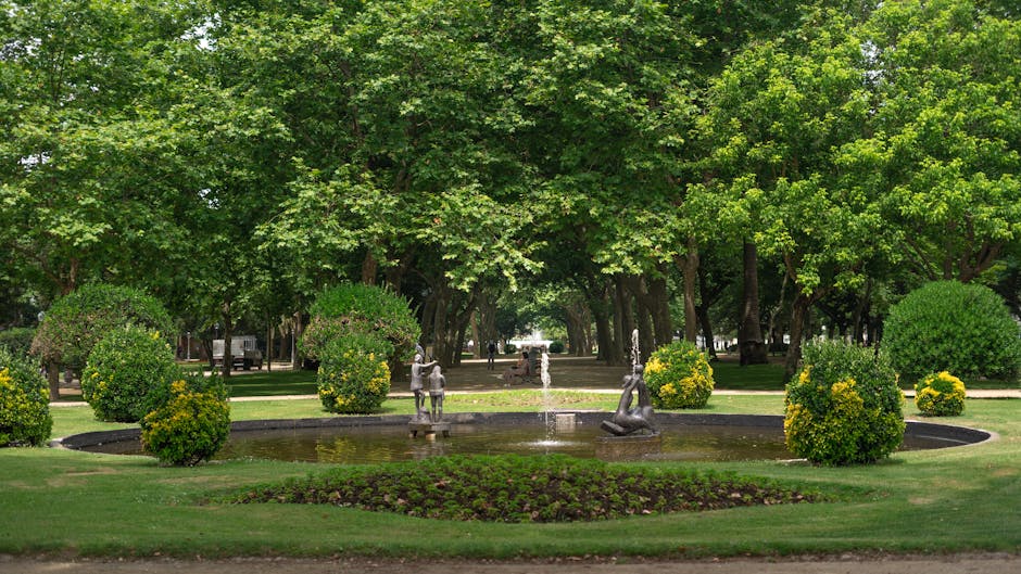 A landscaped park scene featuring a circular water fountain with three bronze statue figures positioned around it, each holding a small vessel from which water flows into the basin. Surrounding the fountain are neatly trimmed round bushes with yellow-green foliage, arranged symmetrically on either side. The foreground displays well-maintained green grass and a small flower bed with low-growing plants. Behind the fountain, tall lush trees with dense green leaves create a canopy, offering shade and a sense of enclosure. The park’s pathways extend into the distance, with a few parked cars partially visible through the trees, indicating an urban setting. The overall scene shows a peaceful outdoor space suitable for leisure or house relocation activities, with a focus on outdoor furniture, greenery, and the process of preparing the area for a move, consistent with the services offered by [COMPANY_NAME] and relevant to moving and packing services around Ravenscourt Park in W6.
